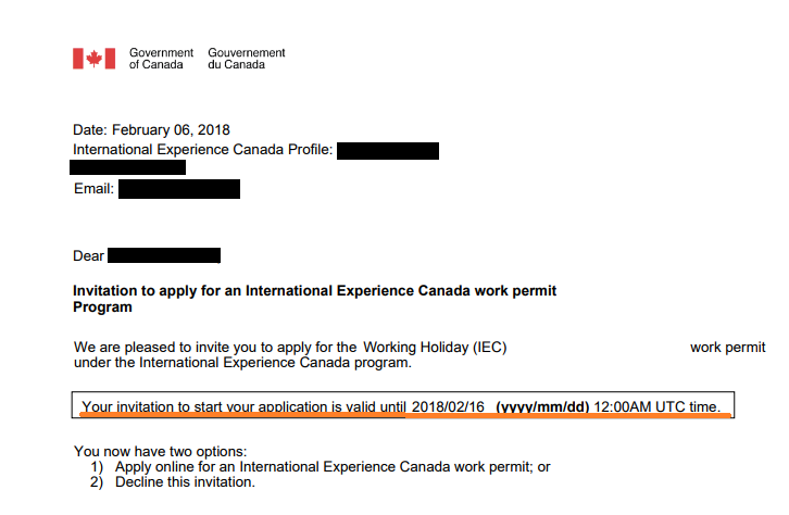 カナダのワーキングホリデービザのInvitation letter