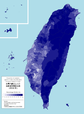 Percentage of Taiwanese aged 6 and above speaking Mandarin at home in 2010