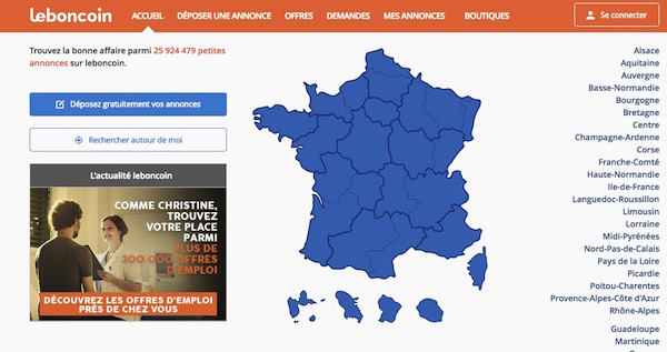フランスのウェブサイト「Leboncoin」TOPページのキャプチャ